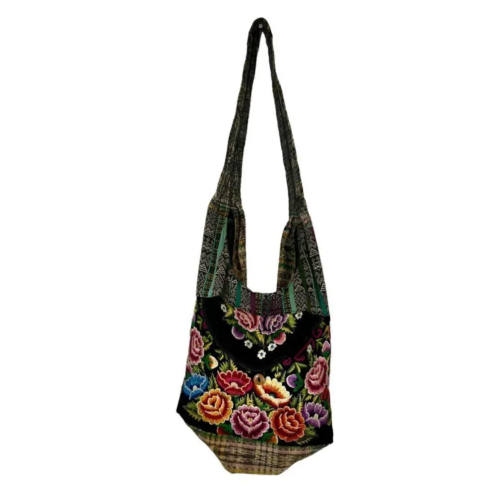 Boho Messenger Hobo Bag Purse Embroidered Floral Colorful Hippie Artisan